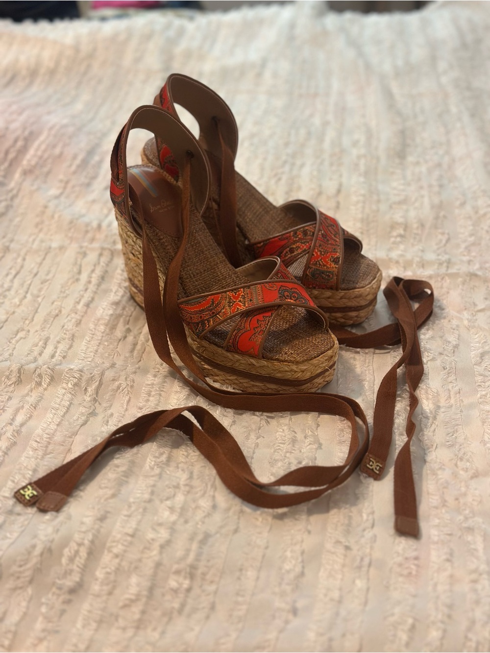 Never worn Sam Edelman Brown Espadrille Wedge Sandals with Orange Paisley Straps